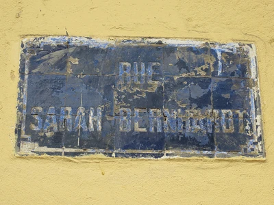 Sign for the Rue Sarah Bernhardt near the Old Medina in Casablanca, Morocco.