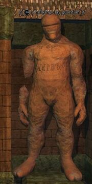 A hulking clay guardian