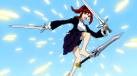 Erza deflecting Evergreen's blade with feet