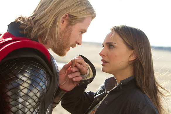 Thor kisses Jane Foster's hand in a swoon-worthy manner.  Allso, would love to know where he buys his shampoo.