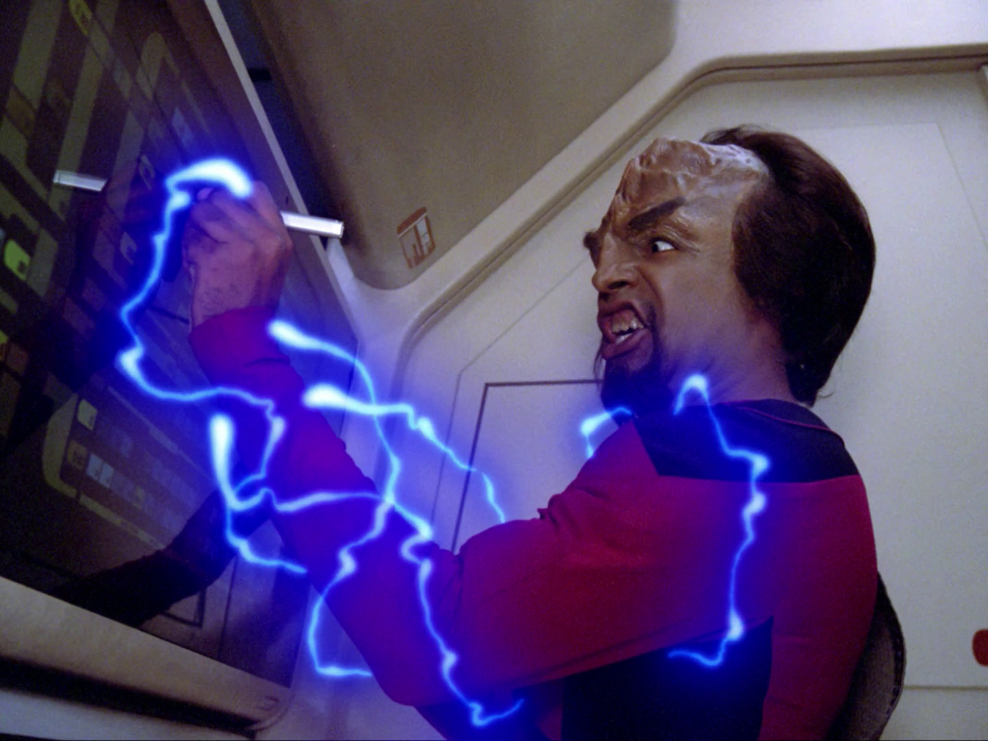 the strange life form enters worf through a panel in sensor maintenance