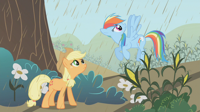 File:Applejack and Rainbow Dash conversing about the rain S2E1.png