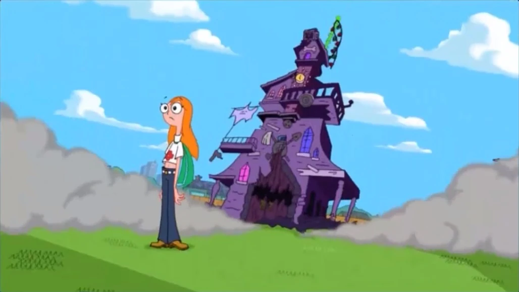 Image The haunted house lands behind Candace.jpg Phineas and Ferb