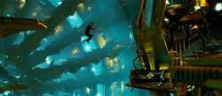 James T. Kirk Chris Pine leaping after Nero