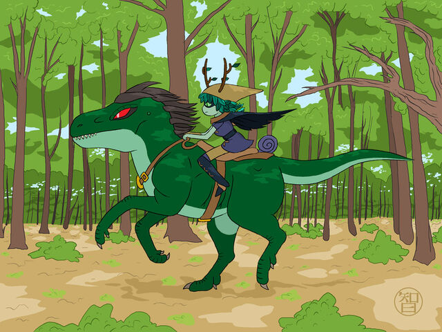 File:Huntress wizard riding a reptile horse by coldfusion -d5mo7sz.jpg
