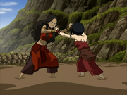 Katara and Toph wrestle