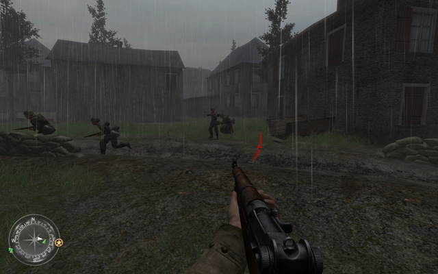 File:Clearing out enemies in basement of swastika house Approaching Hill 400 CoD2.png