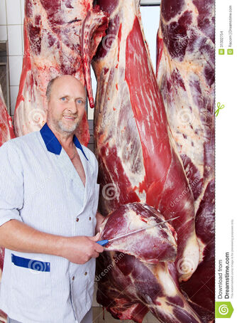 Happy-butcher-holding-knife-near-cow-carcass-middle-aged-large-hanging-inside-butchery-31302754