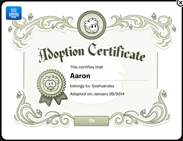 File:1joshuarulesAdoptingWhitePuffleAaronAdoptionCertificate.png