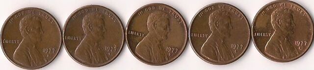 File:Five 1977-D Lincoln pennies.jpg
