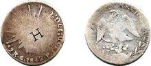2 reales de Guanajuato de 1842 con resello H (anverso y reverso)