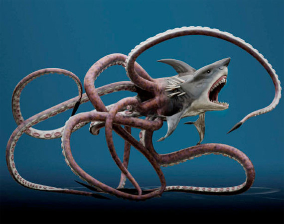 The Sharktopus, a creatuer whose front half resembles a great white shark and whose rear half resembles an octopus.