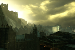 Flooded district rooftops