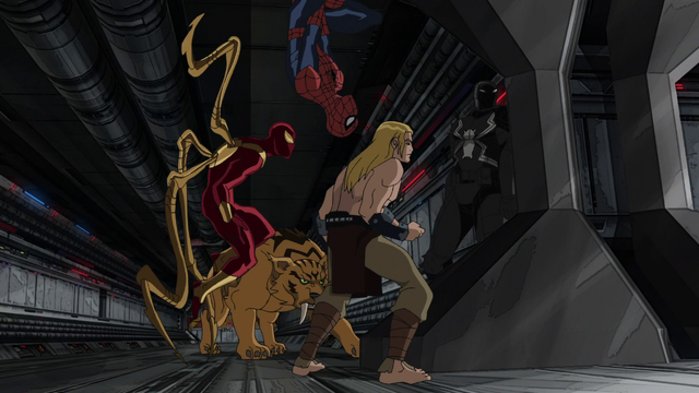 File:Spider-Man Ka-Zar Iron Spider Agent Venom Zabu USMWW.png