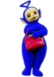 Tinky Winky from the show holding his bag