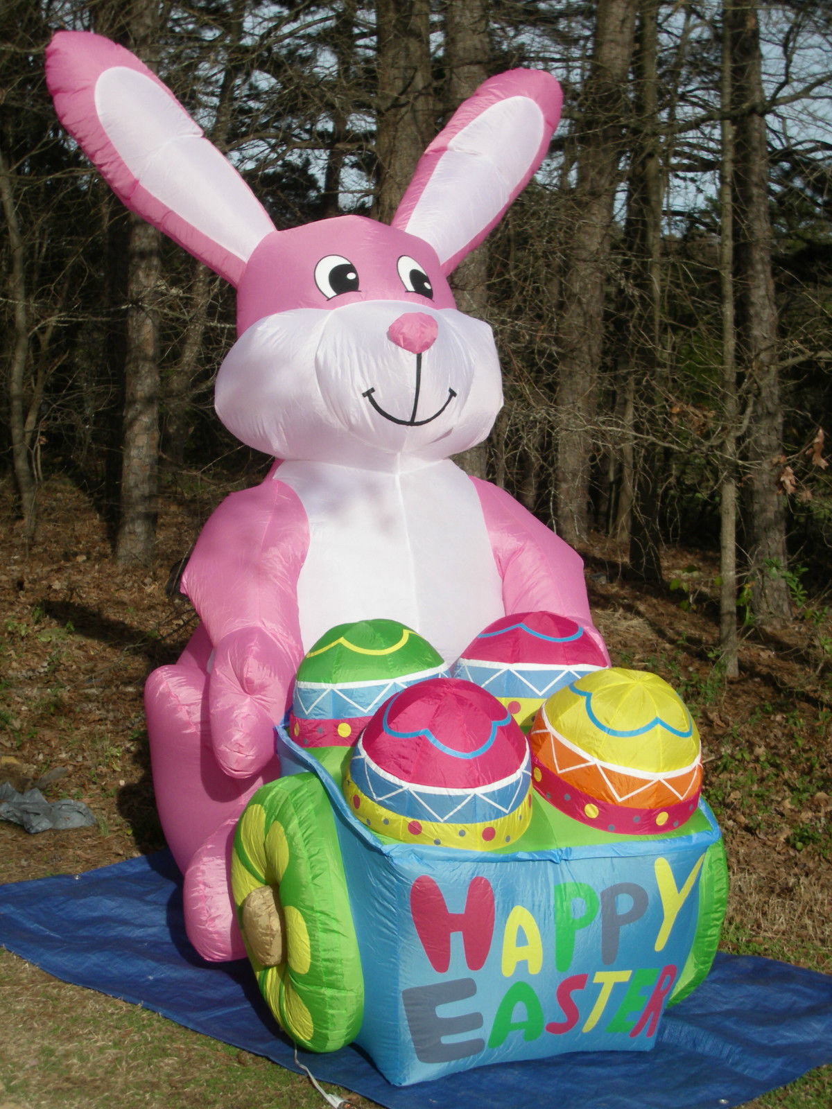 Image RARE Gemmy 8' Lighted Easter Bunny Rabbit wEgg Cart Airblown
