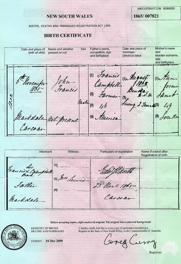John Francis Campbell Birth Certificate