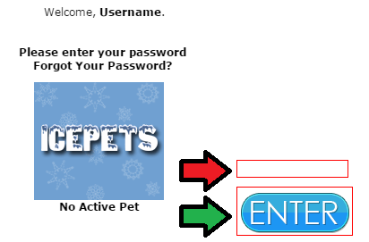 A red arrow pointing to the box for entering your password. A green arrow pointing to the Enter button.