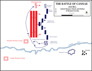 Battle of Cannae, 215 BC - Initial Roman attack.gif