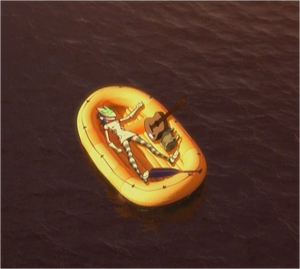 Noodle lying down on the lifeboat