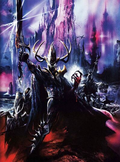 Portada libro de ejército Elfos Oscuros 6ª edición por Geoff Taylor Malekith.jpg