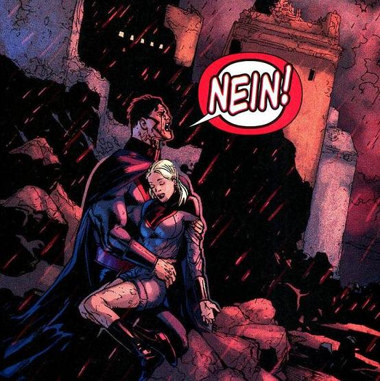 Overgirl morta nos braços do Overman, em Crise Final #7. Arte de Doug Mahnke.