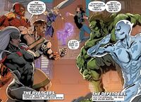 Avengers (Earth-23291) and Defenders (Earth-23291) from Secret Wars 2099 Vol 1 3 0001