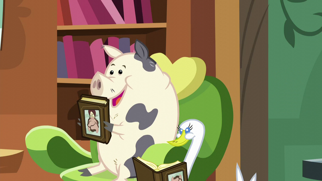 File:Pig and swan holding copies of Wuthering Hooves S5E23.png