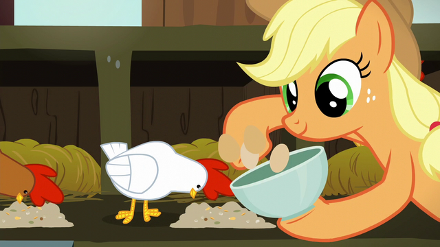 File:Applejack collects eggs while white chicken eats S6E10.png