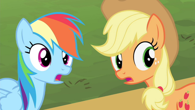 File:Rainbow Dash and Applejack surprised S4E14.png