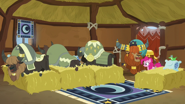 File:Pinkie, Rutherford, and yaks in yak sleeping hut S7E11.png