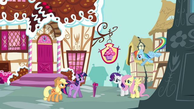 File:Pinkie Pie's friends gathering outside Sugarcube Corner S4E18.png