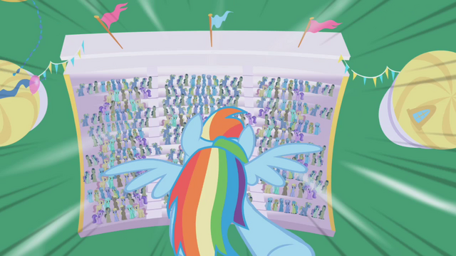 File:Rainbow Dash flying toward the crowd S1E03.png