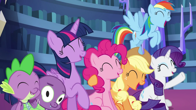 File:Mane five and Spike excited about Fluttershy joining S5E21.png