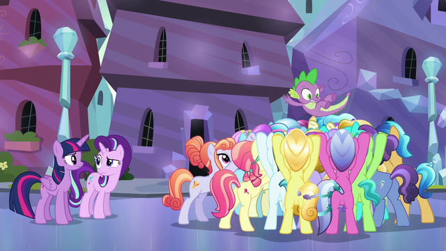 File:Crystal Ponies cheering for Spike S6E16.png