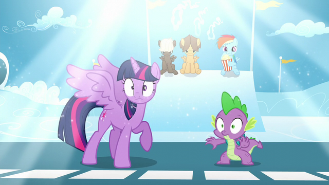 File:A bright light shines above Twilight and Spike S5E26.png