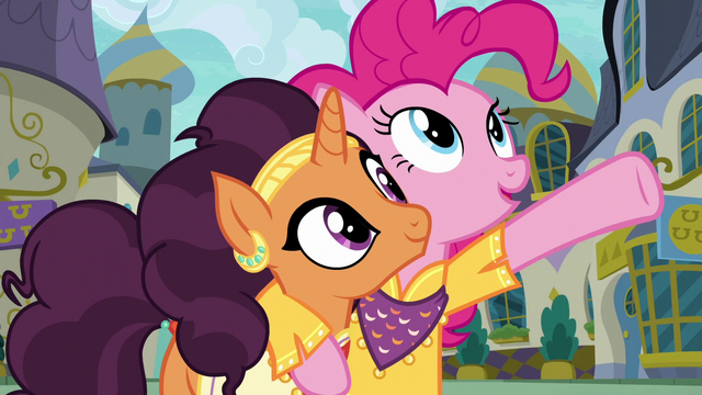 File:Pinkie singing with a hoof around Saffron S6E12.png