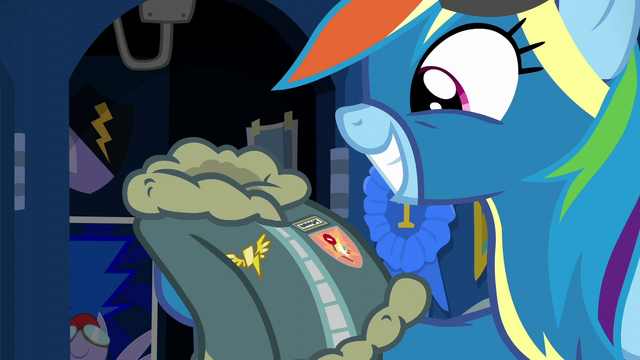 File:Rainbow holding her Wonderbolt jacket S6E7.png