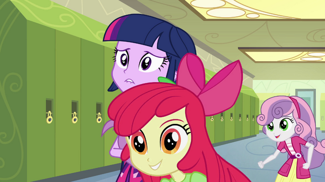 Archivo:Apple Bloom and Sweetie Belle in hallway EG.png