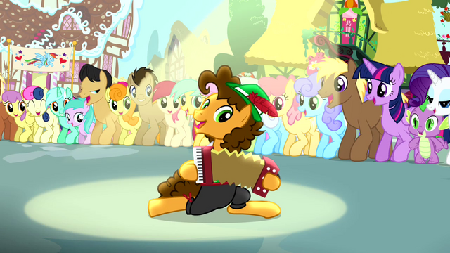 File:Cheese playing accordion while other ponies watch S4E12.png