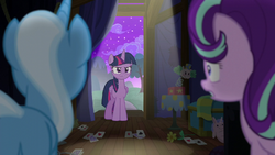 Trixie and Starlight look at an angry Twilight S6E6