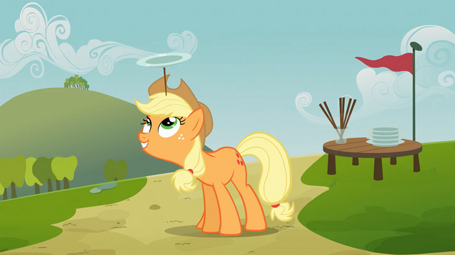 File:Applejack balancing plate on head S03E08.png