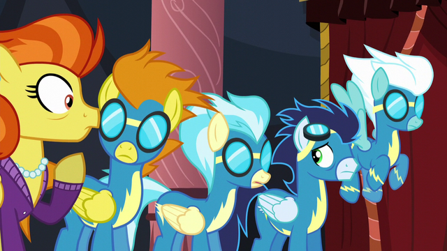 File:The Wonderbolts and Stormy Flare listening S5E15.png