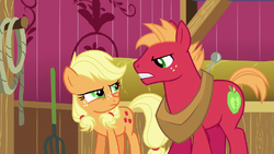 Young Applejack and Big McIntosh glare at each other S6E23