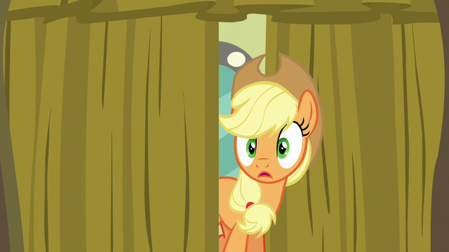 File:Applejack peeking behind the backstage curtain S6E20.png