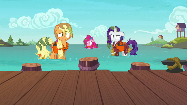 File:AJ, Pinkie, and Rarity a few feet away from the docks S6E22.png