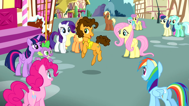 File:Mane 6 looking at Cheese dancing while singing S4E12.png