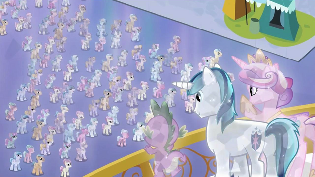 File:Crystal Spike, Shining Armor and Cadance overlooking Crystal Ponies S3E2.png