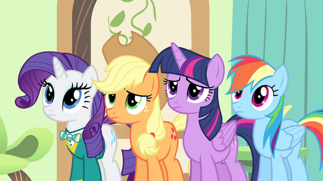 File:Fluttershy's friends see Fluttershy crying S4E14.png