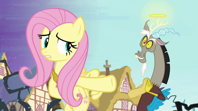 File:Fluttershy and "angel" Discord S4E01.png
